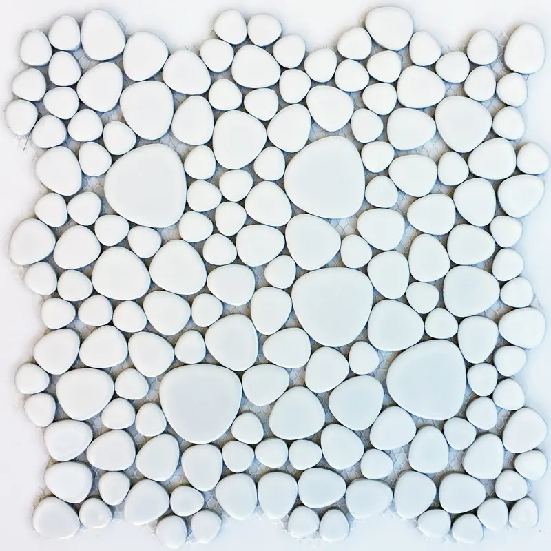 White Pebble Stone Glossy Porcelain Tile – Ideal for Showers, Spas, Beach-Entry Pools & Backsplashes
