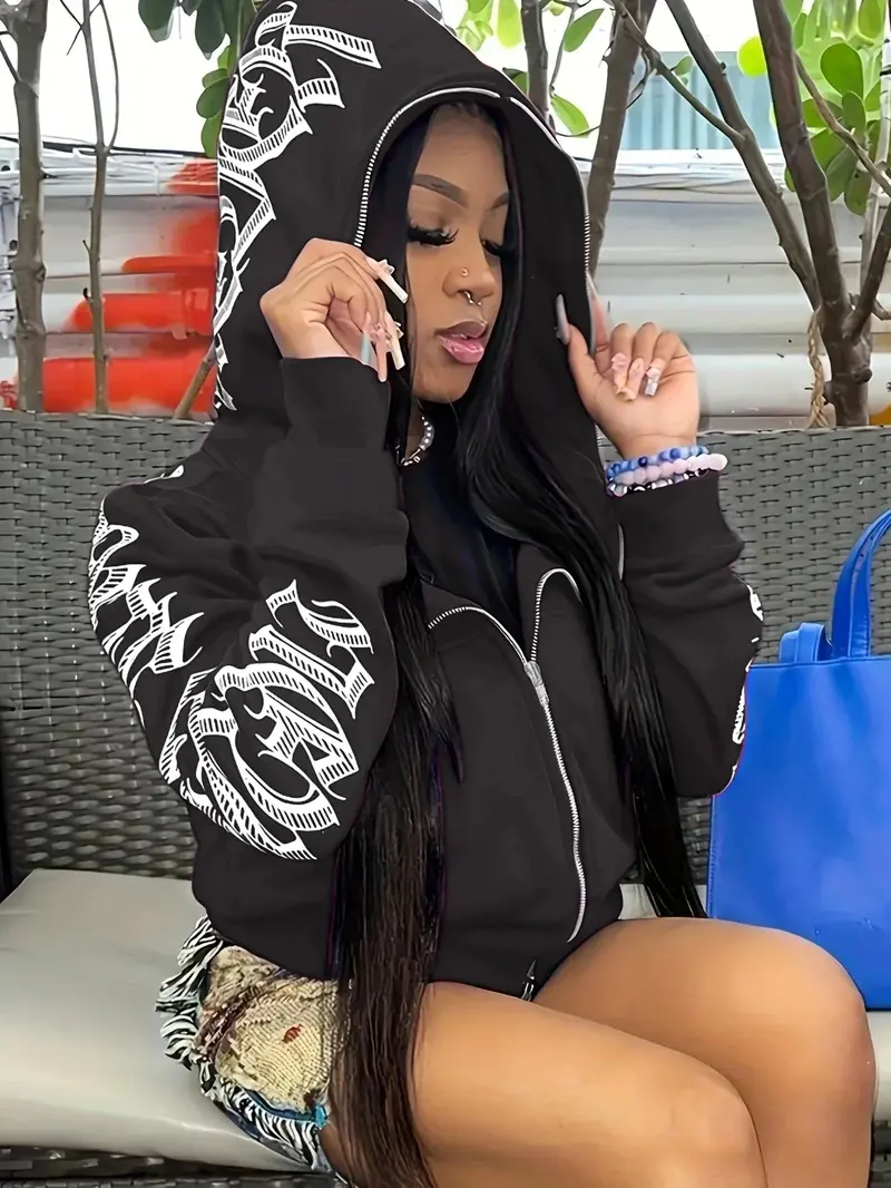 Y2K Cyber Gothic Hoodie for Women – Zip-Up Streetwear Sweatshirt with Letter Print & Punk Edge