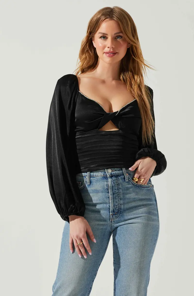 Yamuna Rhinestone-Trimmed Long Sleeve Blouse