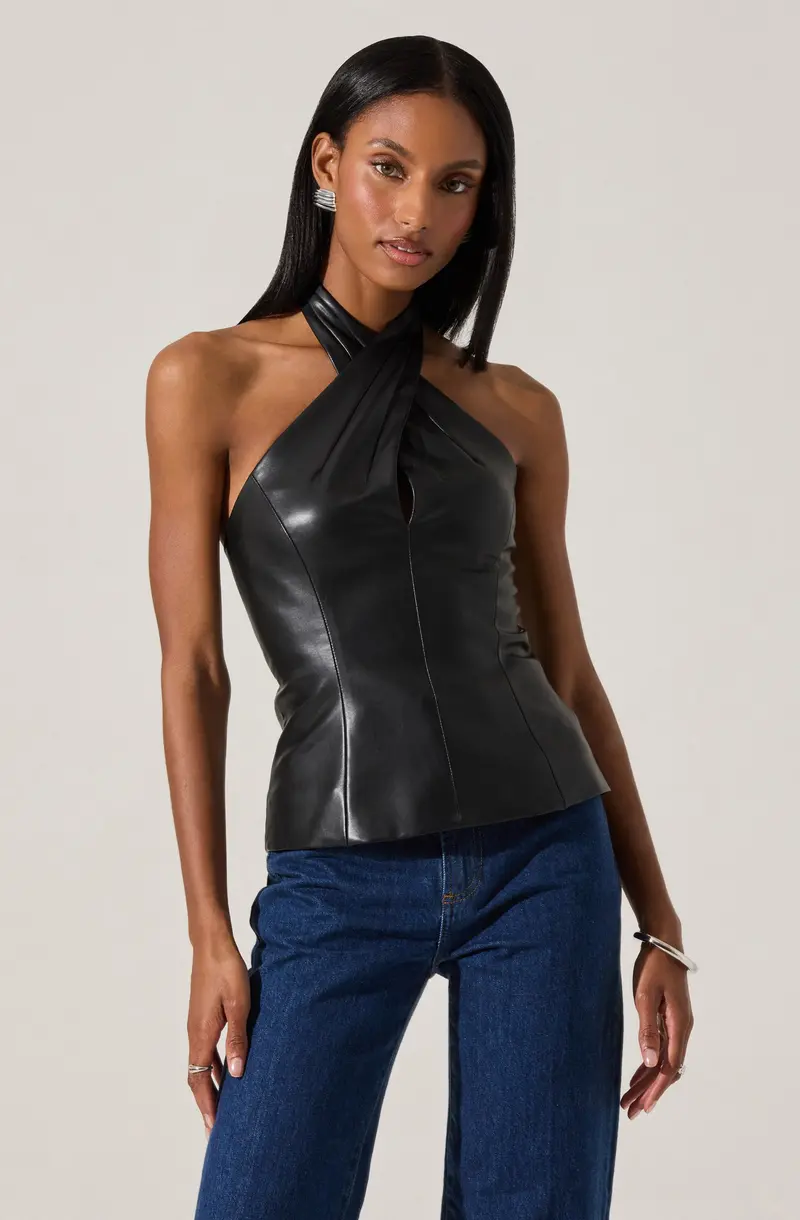 Yaritza Faux Leather Crossover Top with Modern Cut