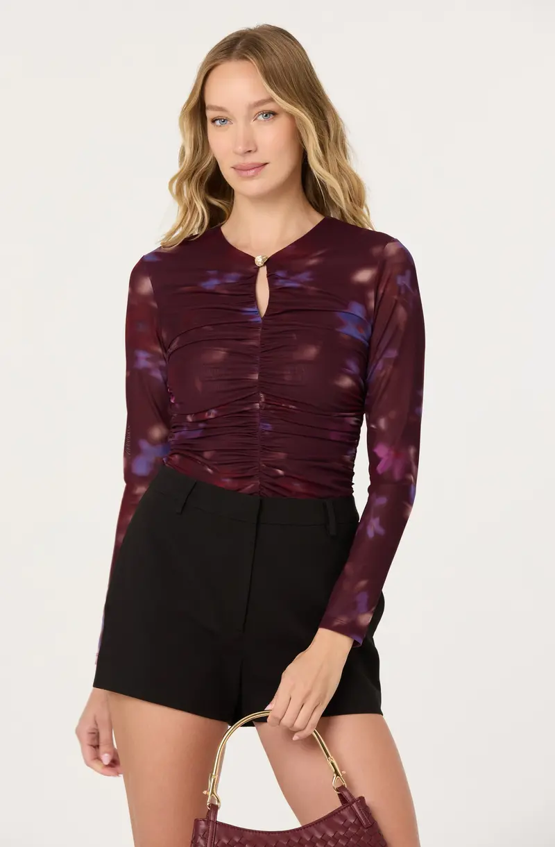 Yasmine Floral Mesh Ruched Crop Top