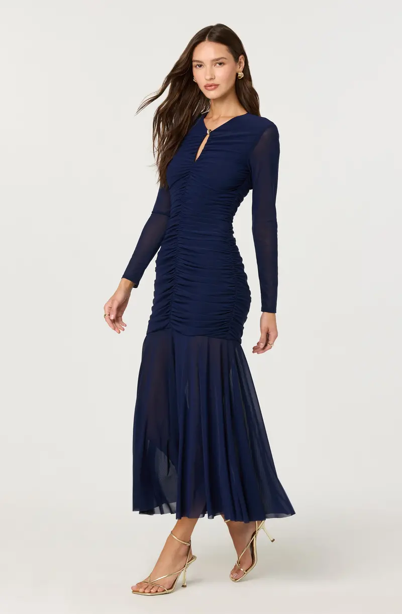 Yasmine Long-Sleeve Ruched Maxi Dress