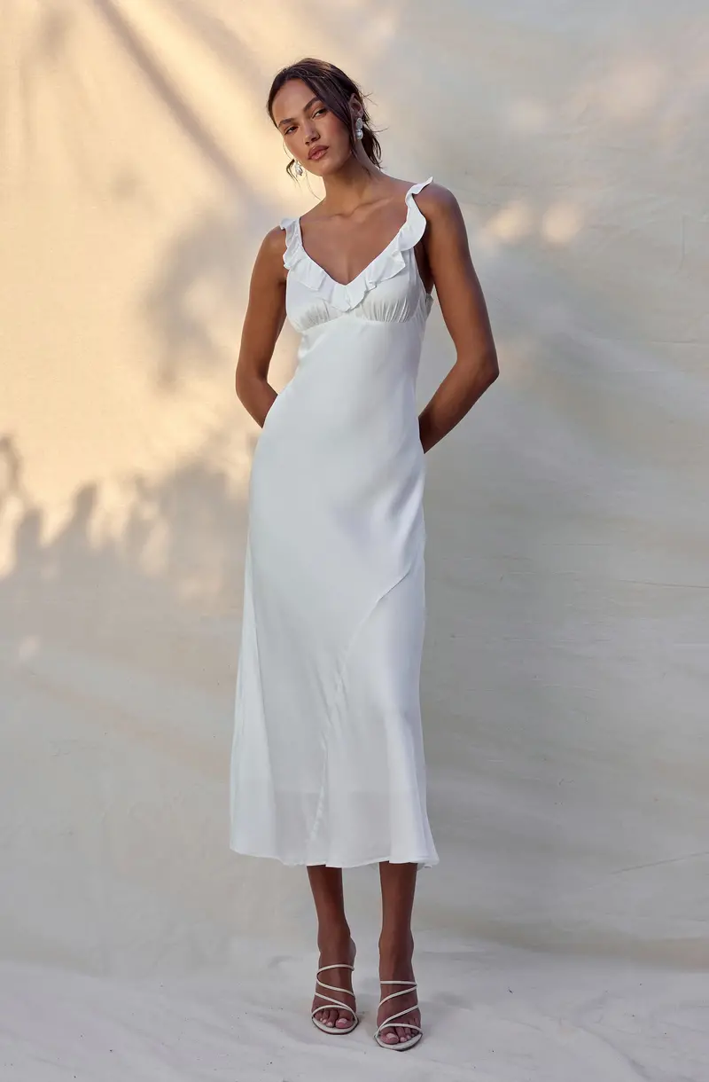 Zoie Satin Midi Dress with Ruffle Accents
